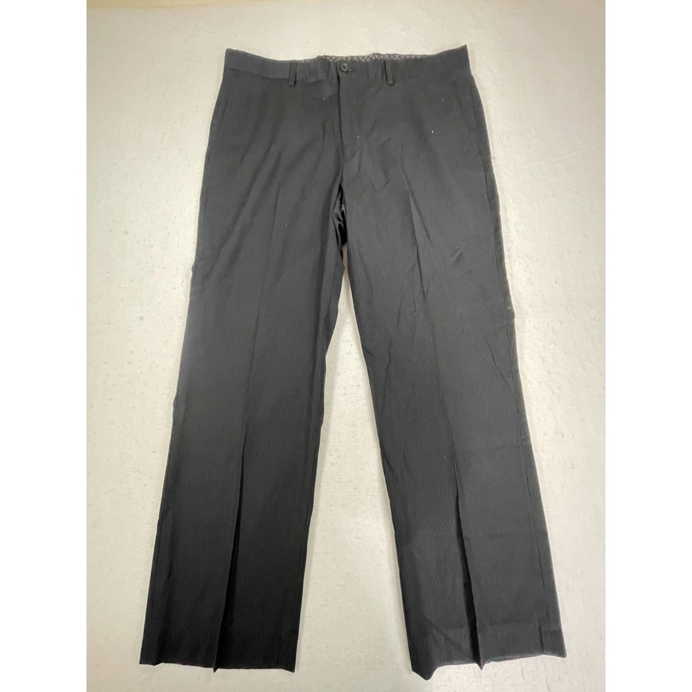 Perry Ellis Dress Pants Mens 34/32 Black Striped Flat Front Business Office Wear